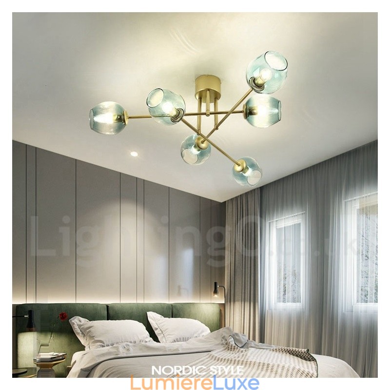 Lustre rustique Lodge à 6 lumières en acier inoxydable avec abat-jour en verre transparent ou bleu