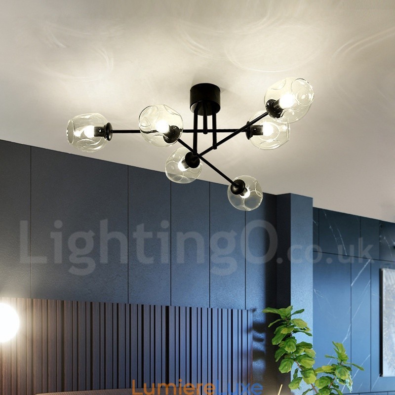 Lustre rustique Lodge à 6 lumières en acier inoxydable avec abat-jour en verre transparent ou bleu