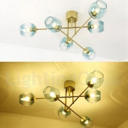 Lustre rustique Lodge à 6 lumières en acier inoxydable avec abat-jour en verre transparent ou bleu
