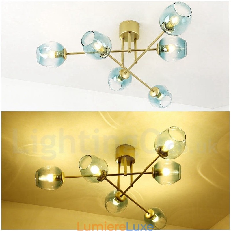Lustre rustique Lodge à 6 lumières en acier inoxydable avec abat-jour en verre transparent ou bleu