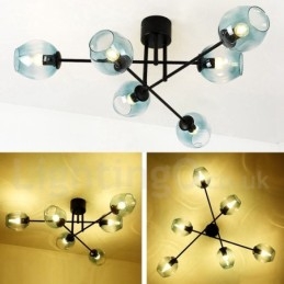 Lustre rustique Lodge à 6 lumières en acier inoxydable avec abat-jour en verre transparent ou bleu