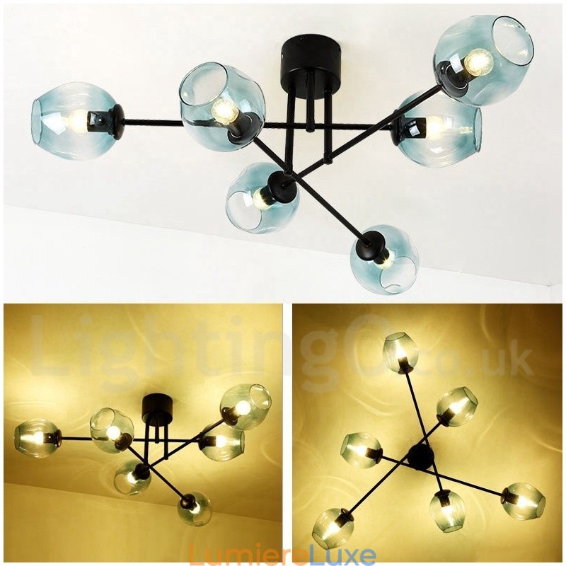 Lustre rustique Lodge à 6 lumières en acier inoxydable avec abat-jour en verre transparent ou bleu