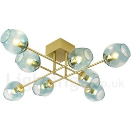 Lustre rustique Lodge à 8 lumières en acier inoxydable avec abat-jour en verre transparent ou bleu