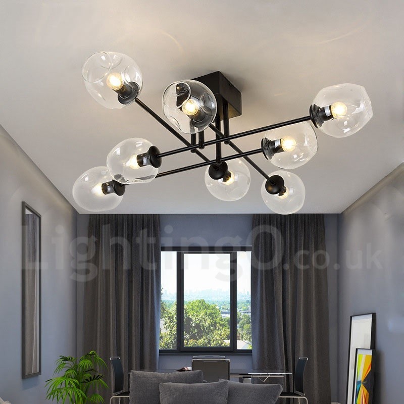 Lustre rustique Lodge à 8 lumières en acier inoxydable avec abat-jour en verre transparent ou bleu