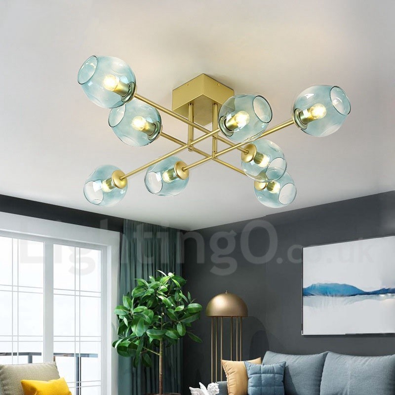 Lustre rustique Lodge à 8 lumières en acier inoxydable avec abat-jour en verre transparent ou bleu