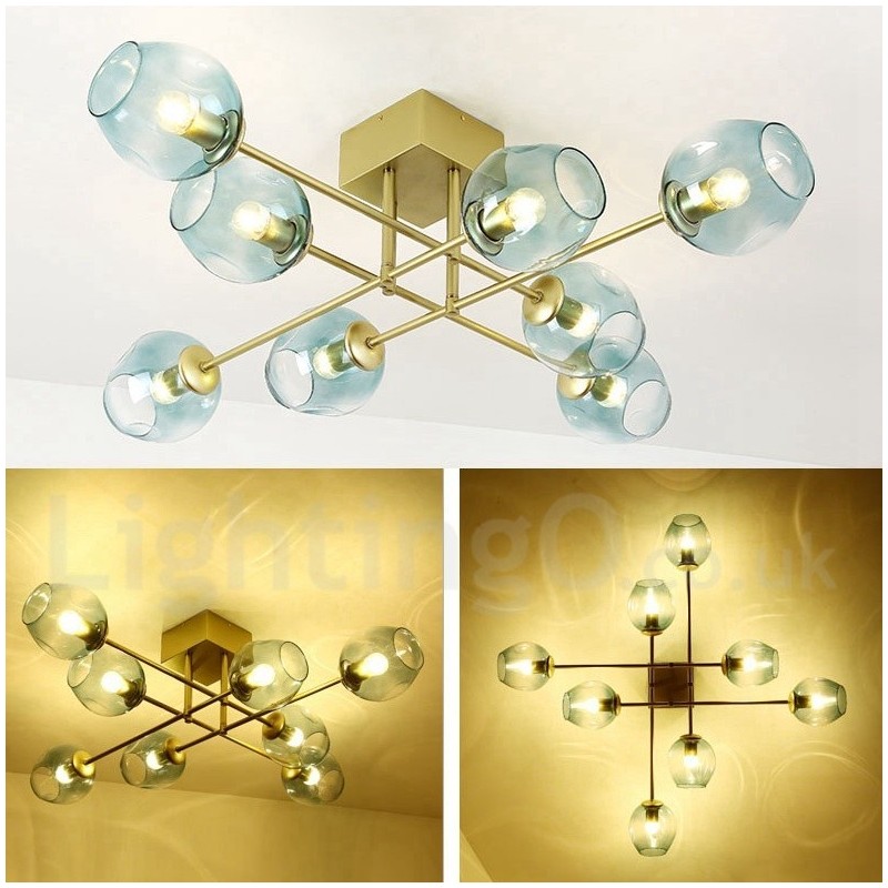Lustre rustique Lodge à 8 lumières en acier inoxydable avec abat-jour en verre transparent ou bleu