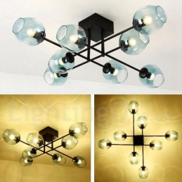 Lustre rustique Lodge à 8 lumières en acier inoxydable avec abat-jour en verre transparent ou bleu