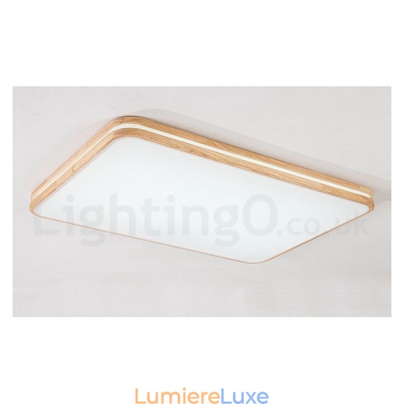 Plafonnier rectangulaire en bois à intensité variable avec lentille, style nordique contemporain moderne, montage encastré, avec abat-jour en acrylique et télécommande, peut également être utilisé comme applique murale.