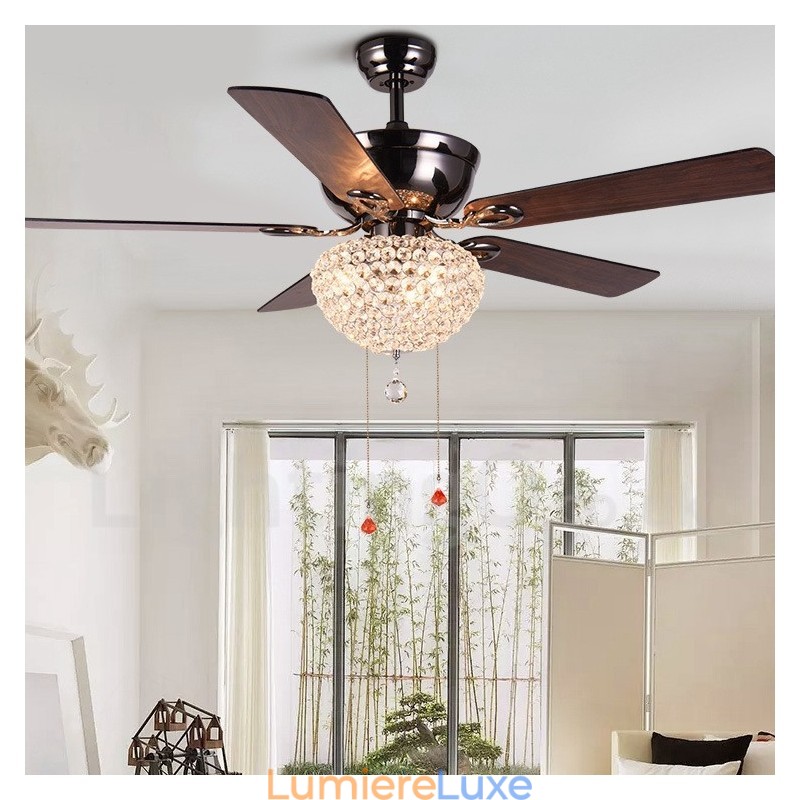 Ventilateur de plafond rétro en bois de style américain de 132 cm (52 po) avec télécommande et abat-jour en cristal, moteur silencieux en cuivre pur