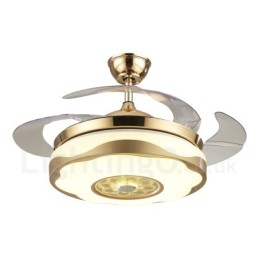 Ventilateur de plafond moderne et contemporain de 108 cm (42 po) et 91 cm (36 po), couleur or, avec abat-jour en acrylique et moteur silencieux en cuivre pur.