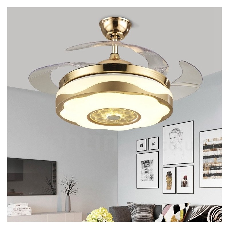 Ventilateur de plafond moderne et contemporain de 108 cm (42 po) et 91 cm (36 po), couleur or, avec abat-jour en acrylique et moteur silencieux en cuivre pur.