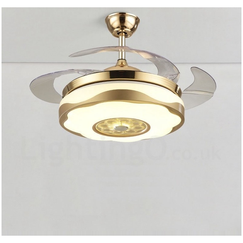 Ventilateur de plafond moderne et contemporain de 108 cm (42 po) et 91 cm (36 po), couleur or, avec abat-jour en acrylique et moteur silencieux en cuivre pur.