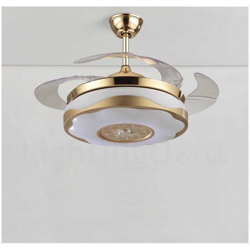 Ventilateur de plafond moderne et contemporain de 108 cm (42 po) et 91 cm (36 po), couleur or, avec abat-jour en acrylique et moteur silencieux en cuivre pur.