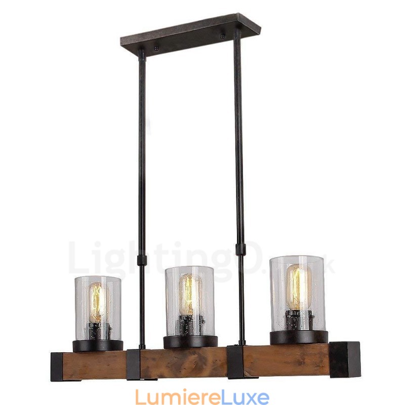 Lustre vintage en bois à 3 lumières, style industriel, style loft, linéaire