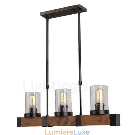 Lustre vintage en bois à 3 lumières, style industriel, style loft, linéaire Lustre vintage en bois à 3 lumières, style industriel, style loft, linéaire