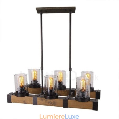 Lustre en bois vintage à 6 lumières, style industriel, style loft, linéaire Lustre en bois vintage à 6 lumières, style industriel, style loft, linéaire