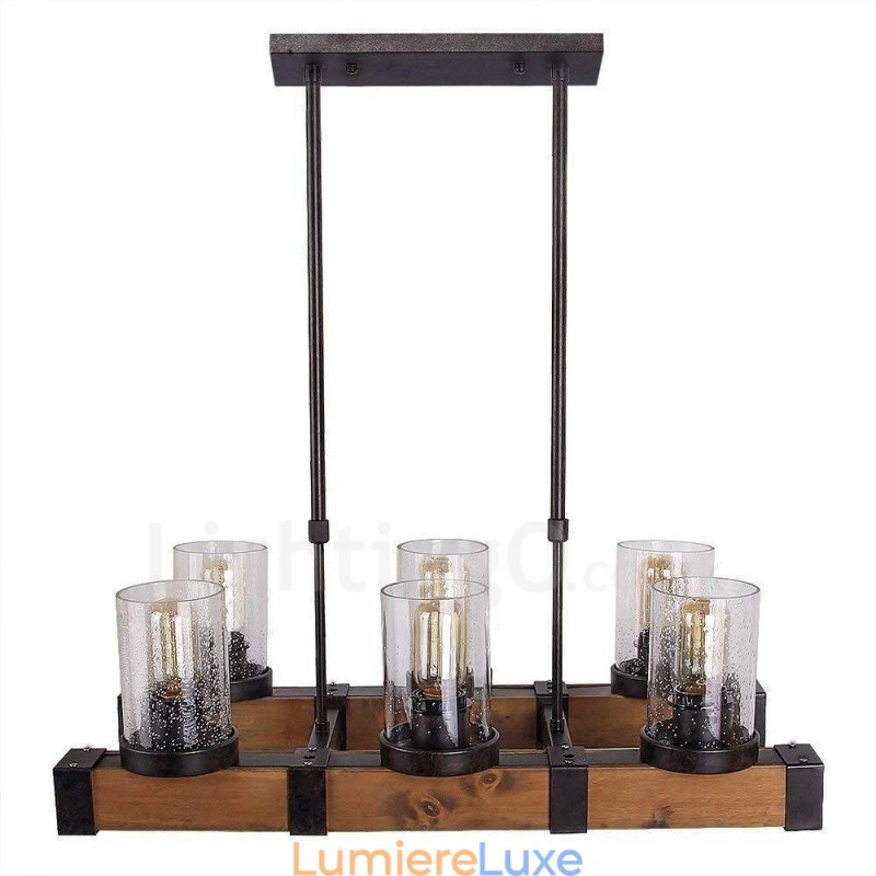 Lustre en bois vintage à 6 lumières, style industriel, style loft, linéaire