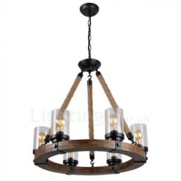 Lustre vintage en bois à 6 anneaux lumineux, style industriel, style loft, linéaire