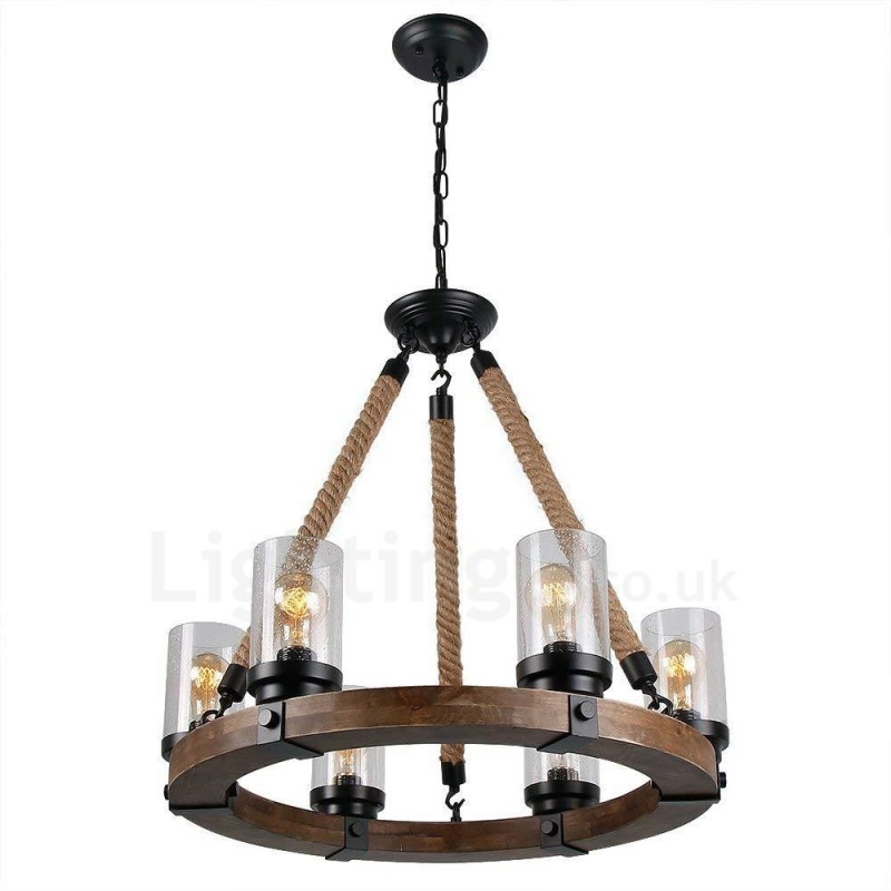 Lustre vintage en bois à 6 anneaux lumineux, style industriel, style loft, linéaire