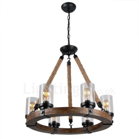 Lustre vintage en bois à 6 anneaux lumineux, style industriel, style loft, linéaire Lustre vintage en bois à 6 anneaux lumineux, style industriel, style loft, linéaire