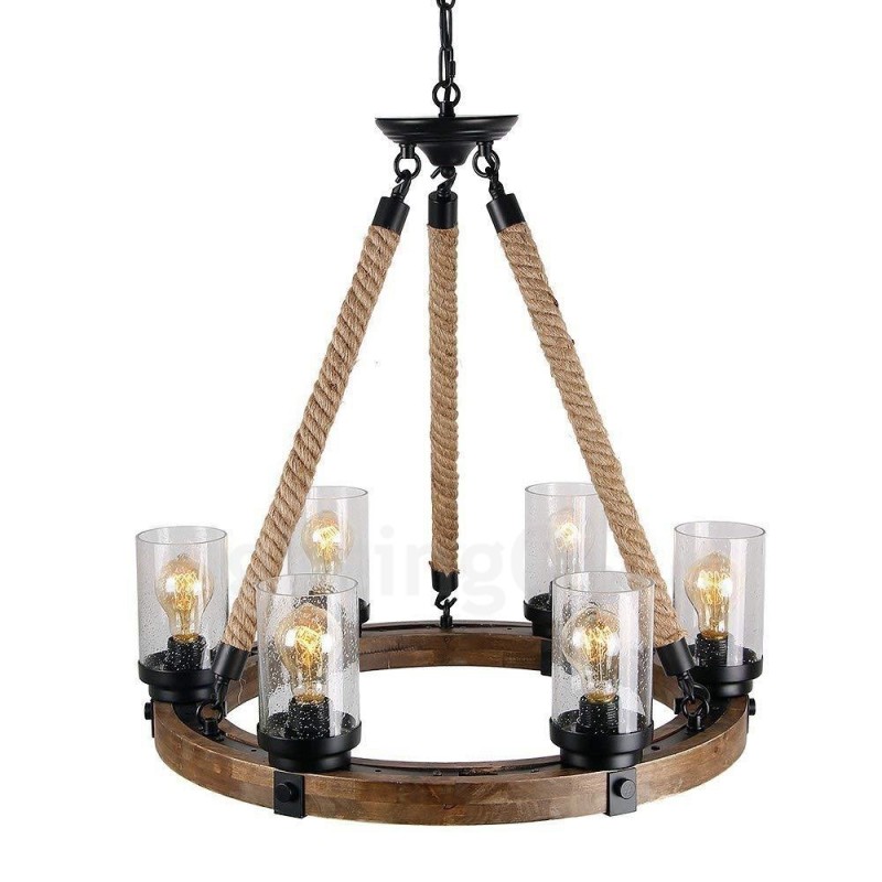Lustre vintage en bois à 6 anneaux lumineux, style industriel, style loft, linéaire