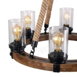 Lustre vintage en bois à 6 anneaux lumineux, style industriel, style loft, linéaire