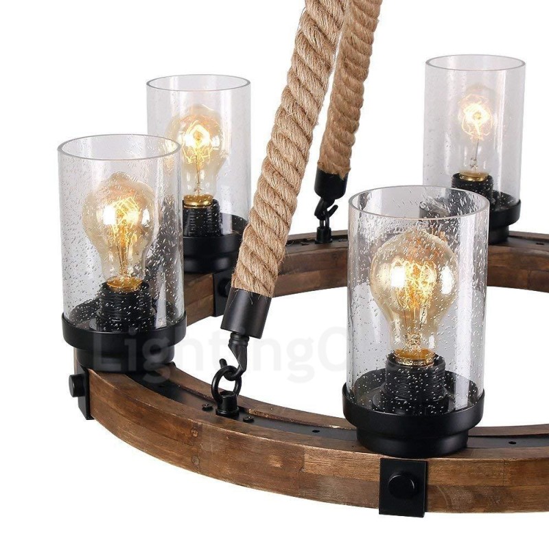 Lustre vintage en bois à 6 anneaux lumineux, style industriel, style loft, linéaire