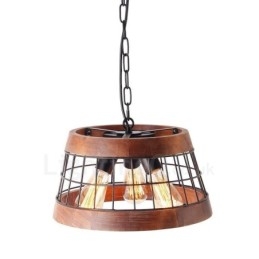 Lustre vintage en bois à 3 anneaux lumineux, style industriel, style loft, linéaire