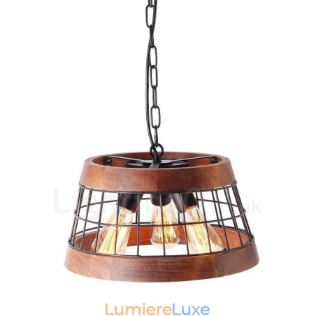 Lustre vintage en bois à 3 anneaux lumineux, style industriel, style loft, linéaire Lustre vintage en bois à 3 anneaux lumineux, style industriel, style loft, linéaire