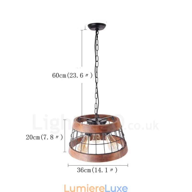 Lustre vintage en bois à 3 anneaux lumineux, style industriel, style loft, linéaire