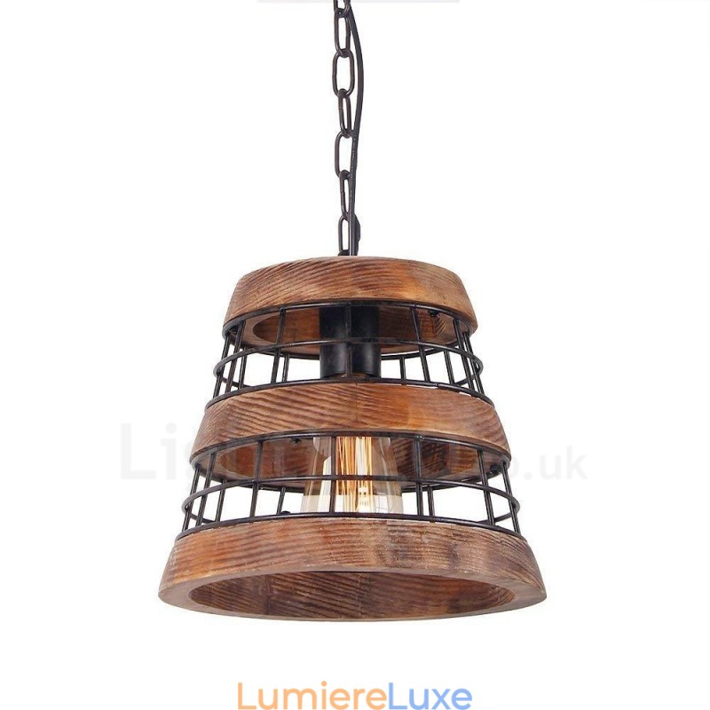 Lustre en bois vintage à 1 anneau lumineux, style industriel, style loft, linéaire