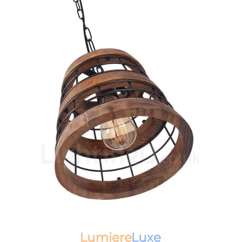 Lustre en bois vintage à 1 anneau lumineux, style industriel, style loft, linéaire