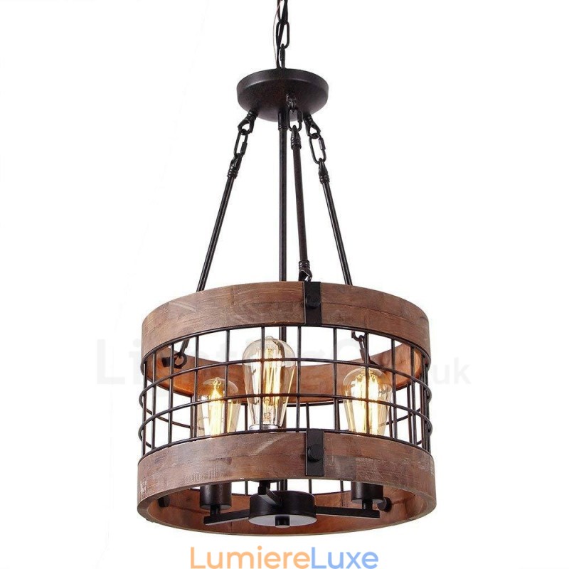 Lustre vintage en bois à 3 lumières, style industriel, style loft, linéaire
