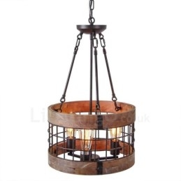 Lustre vintage en bois à 3 lumières, style industriel, style loft, linéaire