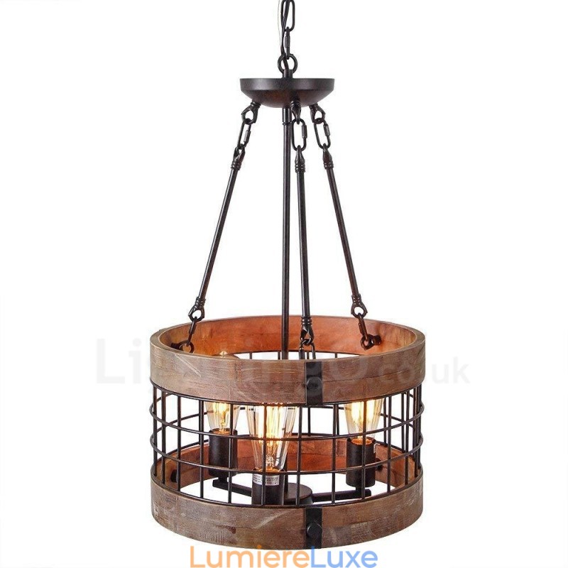 Lustre vintage en bois à 3 lumières, style industriel, style loft, linéaire