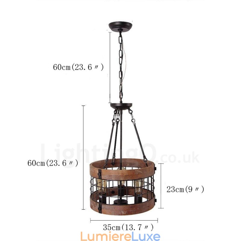 Lustre vintage en bois à 3 lumières, style industriel, style loft, linéaire