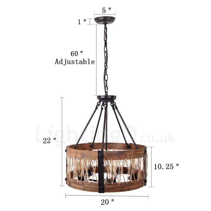 Lustre vintage en bois à 5 lumières, style industriel, style loft, linéaire