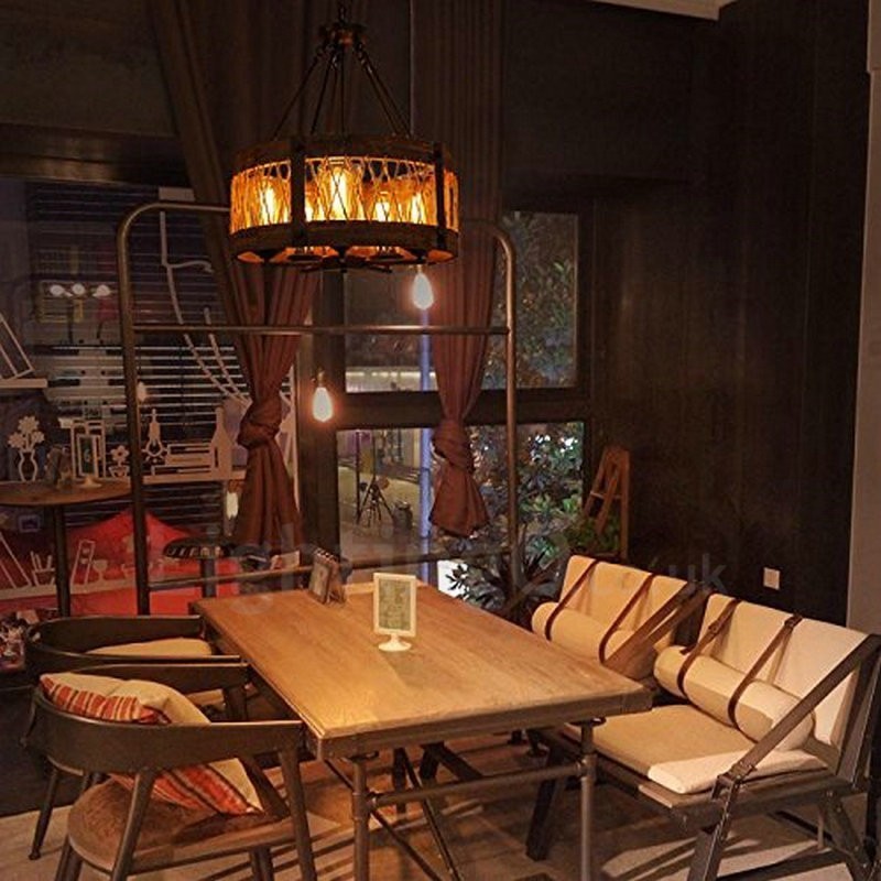 Lustre vintage en bois à 5 lumières, style industriel, style loft, linéaire