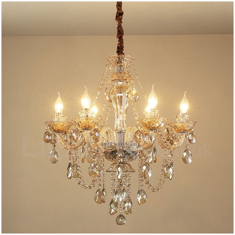 Lustre élégant en cristal à 6 lumières de couleur cognac