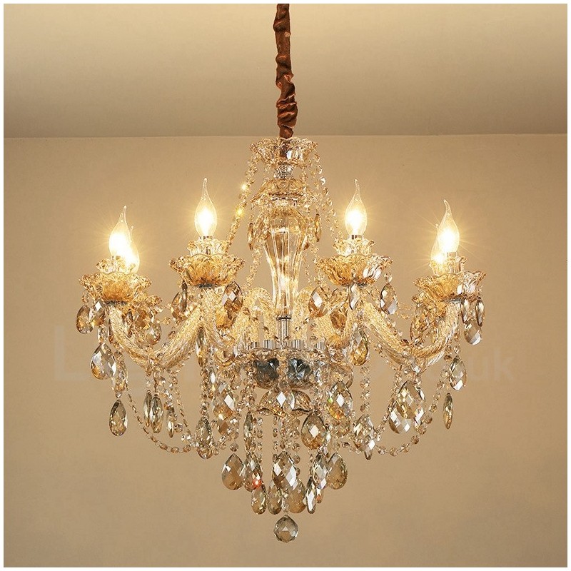 Lustre élégant en cristal à 8 lumières couleur cognac