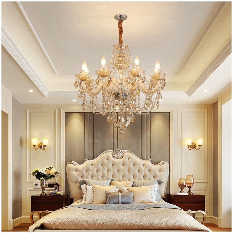 Lustre élégant en cristal à 8 lumières couleur cognac