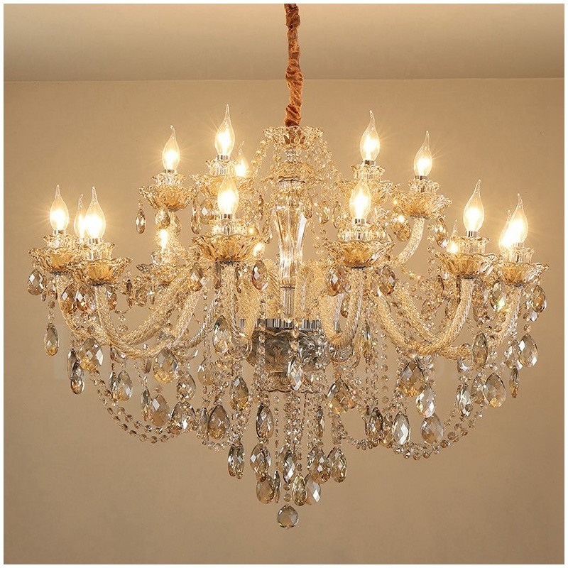 Lustre élégant en cristal à 18 (12+6) lumières couleur cognac
