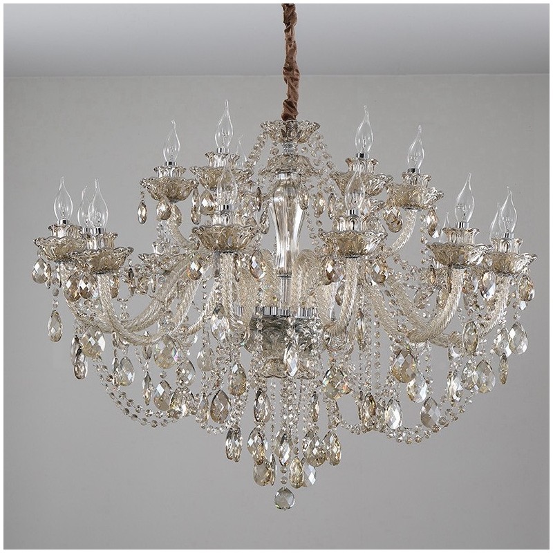 Lustre élégant en cristal à 18 (12+6) lumières couleur cognac