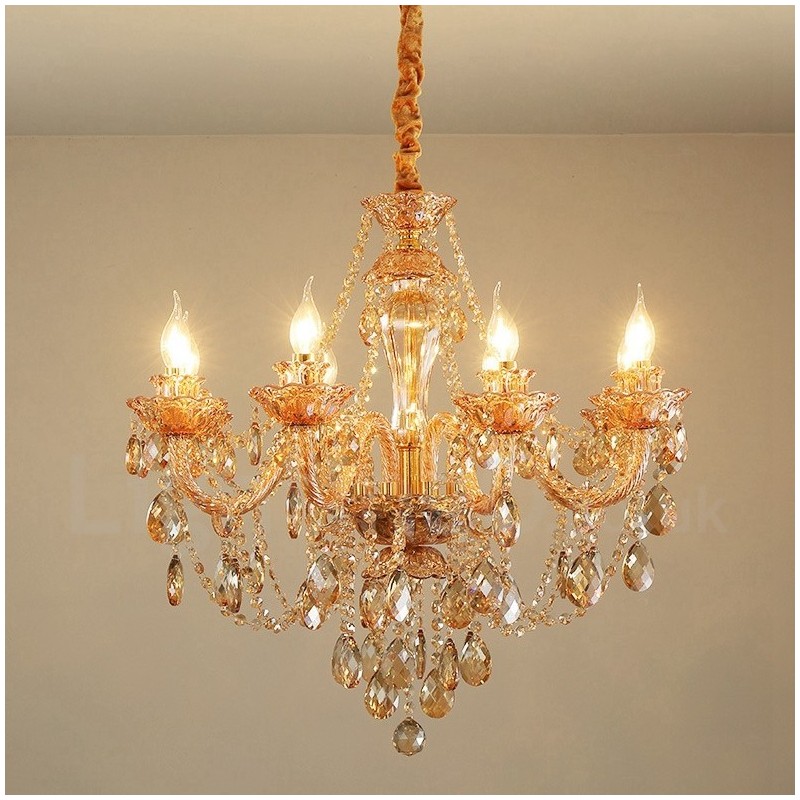 Lustre élégant en cristal doré ambré à 8 lumières