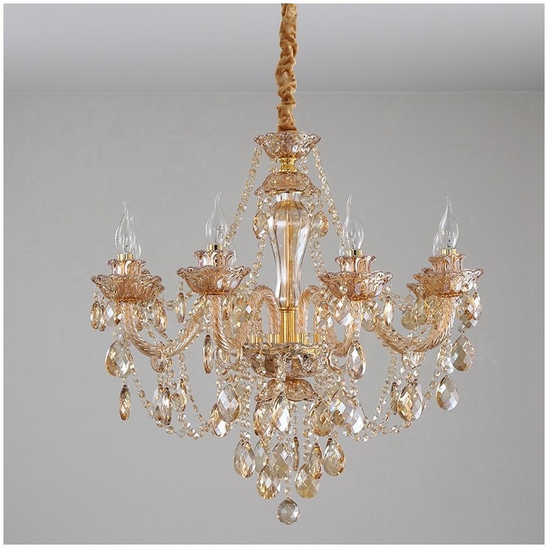 Lustre élégant en cristal doré ambré à 8 lumières