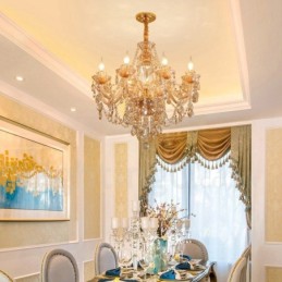 Lustre élégant en cristal doré ambré à 8 lumières
