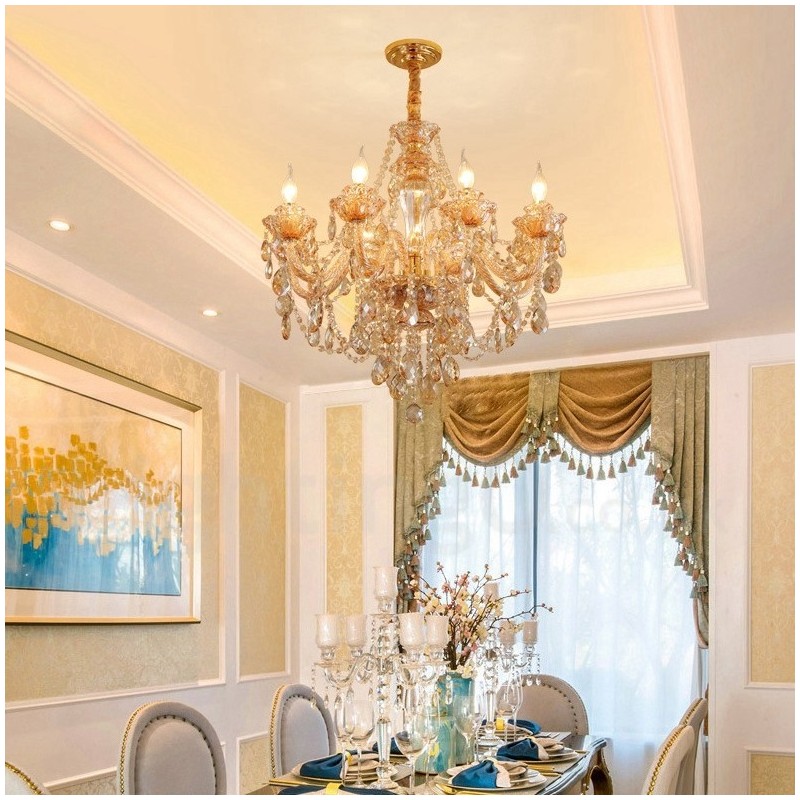Lustre élégant en cristal doré ambré à 8 lumières