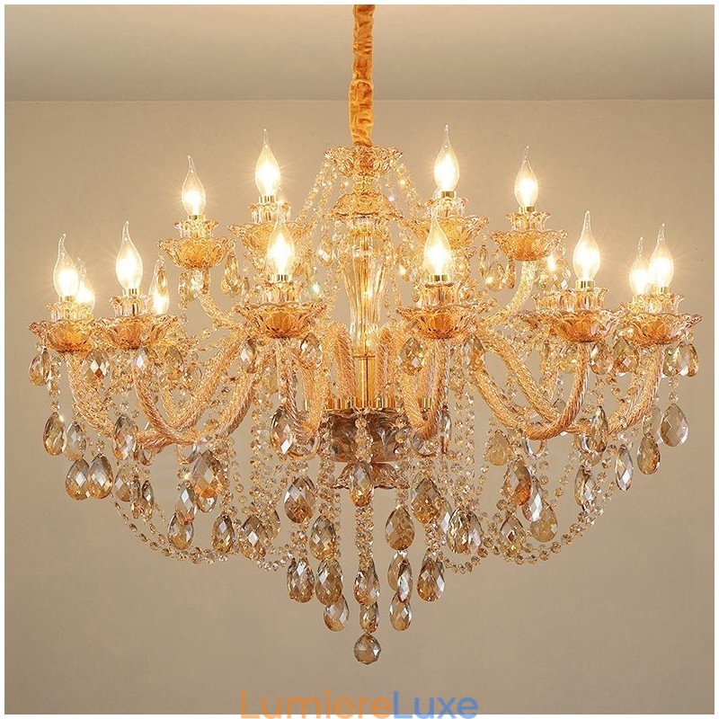 Lustre élégant en cristal doré ambré à 18 (12+6) lumières