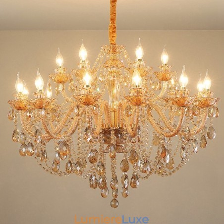 Lustre élégant en cristal doré ambré à 18 (12+6) lumières Lustre élégant en cristal doré ambré à 18 (12+6) lumières