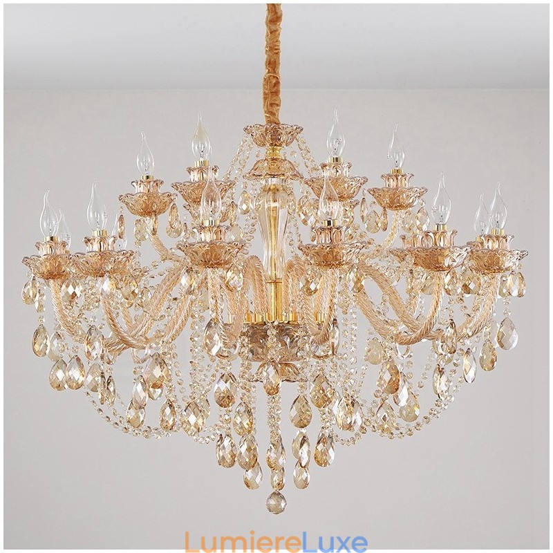 Lustre élégant en cristal doré ambré à 18 (12+6) lumières